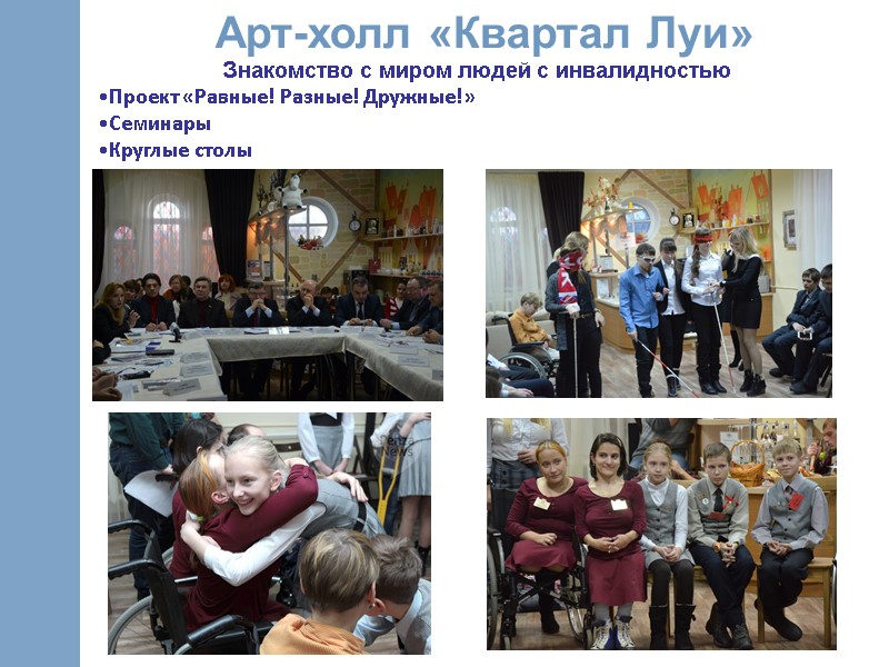 Знакомство с миром людей с инвалидностью Проект «Равные! Разные! Дружные!» Семинары Круглые столы Арт-холл